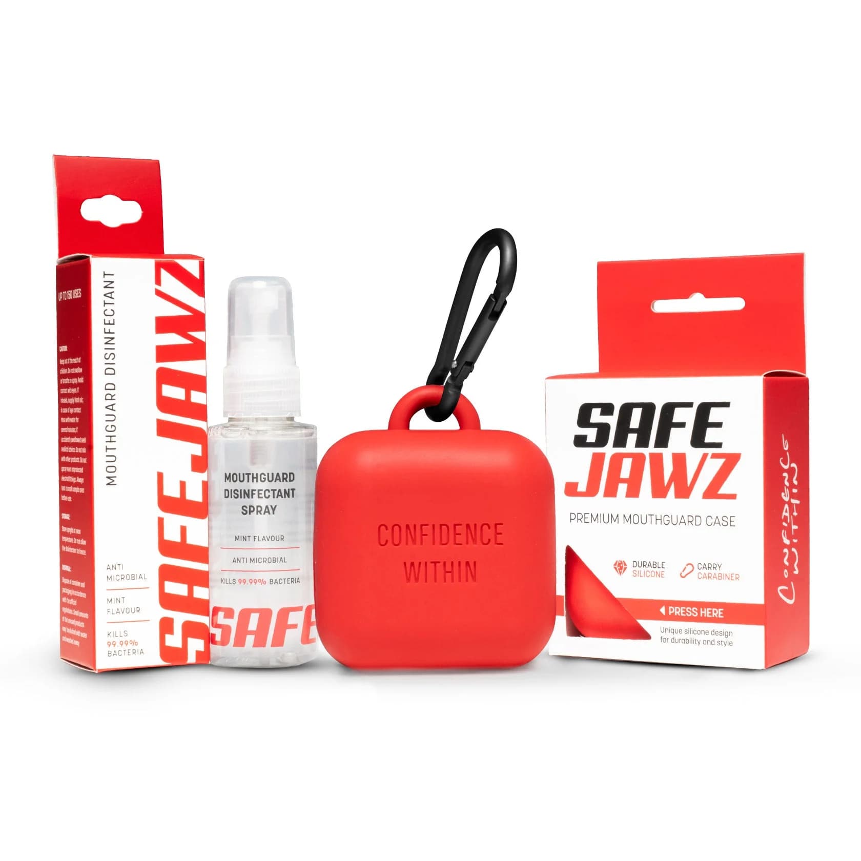 SafeJawz pleiepakke · premiumetui og spray – originalt produktbilde fra SafeJawz